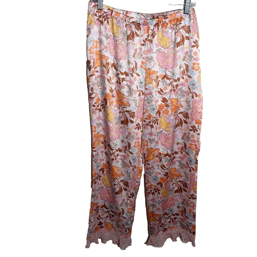 Victoria's Secret Pajama Pants Women's Large Pink Floral Pull On Ruffle